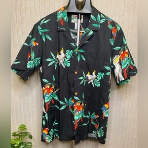Paradise Found Vintage Shirt Men's Large Black Jungle Parrot Cockatoo Hawaiian